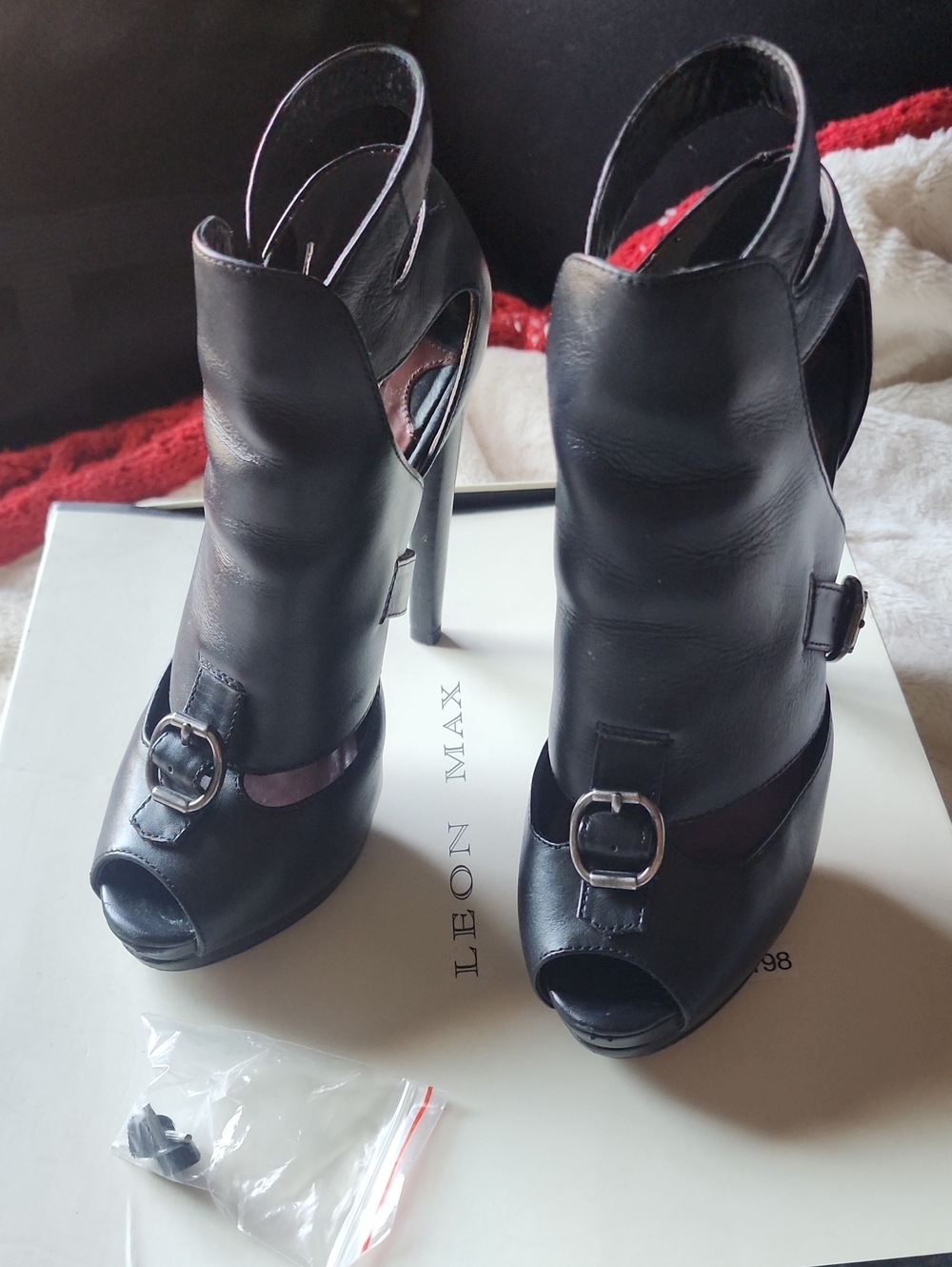 Leon Max Black Leather Peep-Toe High Heel Booties